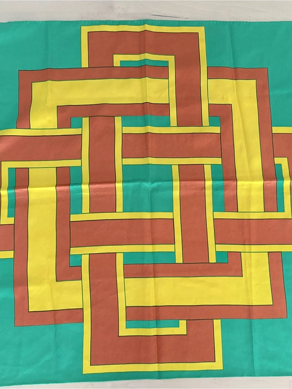 Silk Geometric Interlock Scarf in Teal, Mustard & Rust